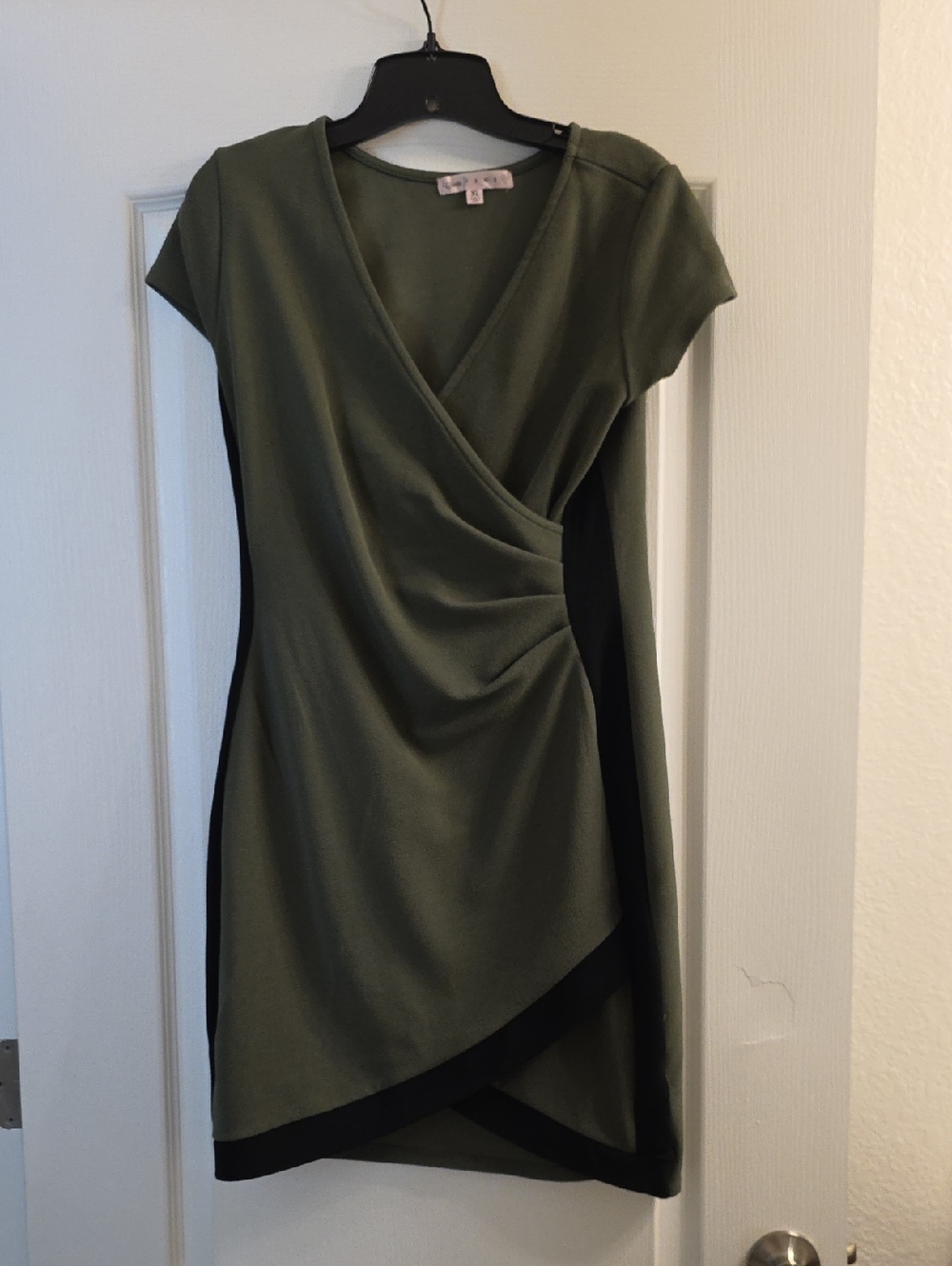 Crave Fame Olive Green and Black Faux-Wrap Cap Sleeve Mini Dress